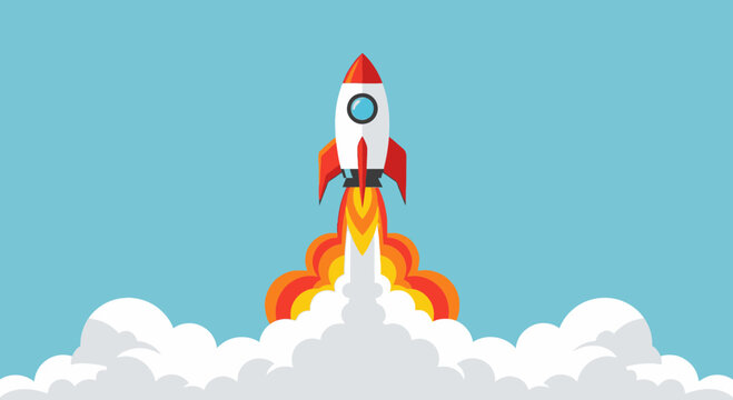 Rocket Ship Launching into Blue Sky Flat Design Illustration