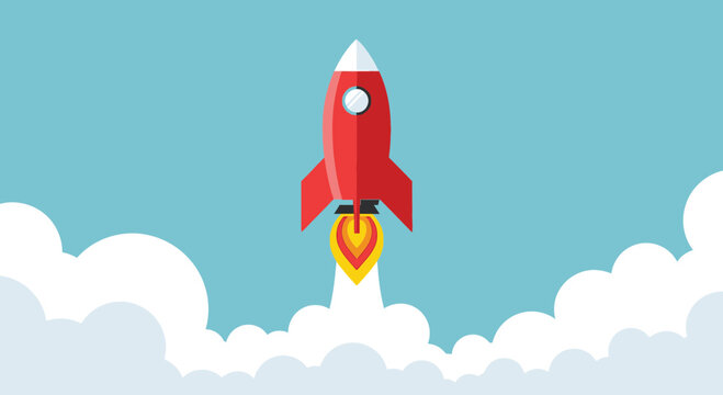 Flat Design Red Rocket Launching into Blue Sky Above Clouds