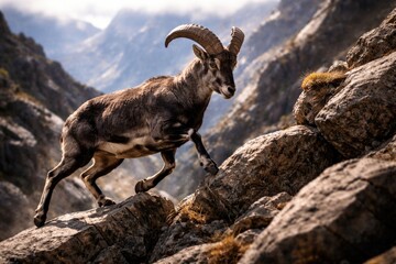 Fototapeta premium Elegant bharal navigating elevated rocky landscapes with agility