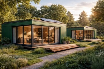 Naklejka premium Green modular housing units with expansive panoramic windows built using sandwich panel technology