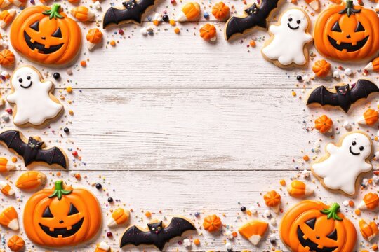 Jack o lantern candy corn ghost and bat cookies arranged as a Halloween border on white wood textured background
