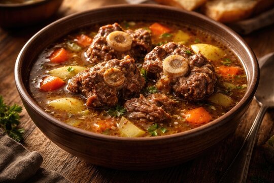 Intimate view of slow simmered oxtail soup with tender meat and bones in bowl on wood