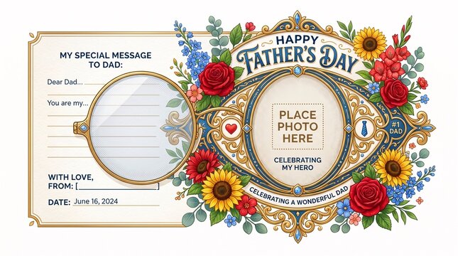 vintage father's day photo frame with floral border and handwritten message card

