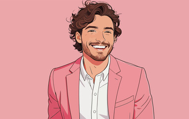 Fototapeta premium Cheerful curly haired man in pink suit illustration