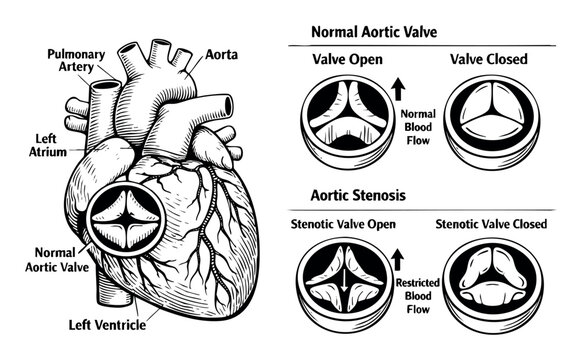 Human heart anatomy with a comparison of normal aortic valve function and stenotic valve impacting blood flow in a medical illustration
