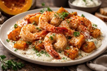 Fototapeta premium Delicious Shrimp and Pumpkin Dish Paired with Cream Cheese Sauce