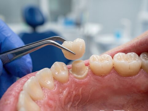 Ceramic crown try in on prepared tooth shows prosthodontic fitting, restorative evaluation and realistic pre-cementation dental orthodontics procedure.
