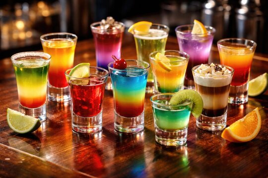 Assorted vibrant cocktail shots in different glassware set on a polished wooden surface