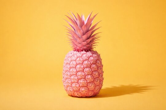Creative minimalist composition of pink pineapple on warm yellow background