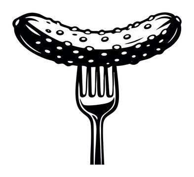Pickle impaled on a fork, a black and white gherkin illustration for food, snack, or healthy eating concepts