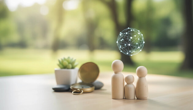 Symbolic representation of family and travel with wooden peg dolls, a vintage compass, and a small potted succulent. An abstract digital sphere hovers in the background, set against a soft-focus green