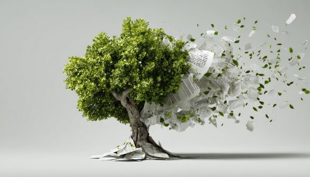 A conceptual image of a tree whose leaves are made of paper, with words and numbers from a document fading away and turning back into green, fresh leaves.