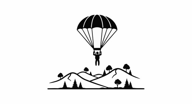 Silhouette of a skydiver descending over a stylized mountainous landscape with trees