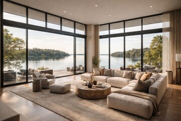 Fototapeta premium Open concept living room with tall glass windows overlooking tranquil waters