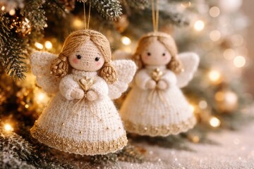 Fototapeta premium Bright backdrop featuring crafted knitted Christmas angel ornaments