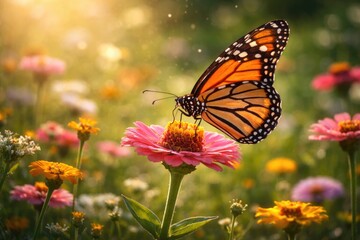 Fototapeta premium Bright butterfly collecting nectar from lovely flower in meadow