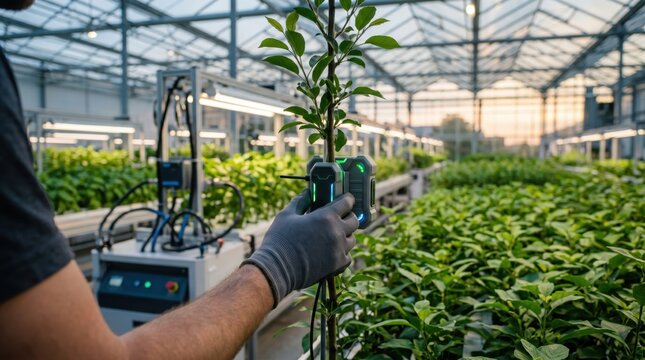 Agricultural scientist using a digital sensor device to scan and analyze the health of a young tree sapling in a modern high-tech greenhouse facility, precision farming concept.