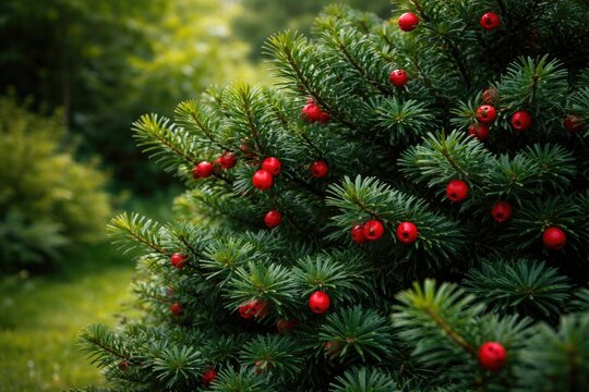 Lush green Taxus baccata with contrasting red berries in outdoor setting