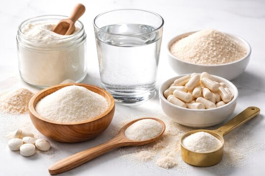 Different forms and textures of hydrolyzed collagen protein powder arranged with water glass and spoon on white background