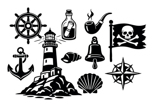 Vector set compiling various marine and pirate-themed symbols, including a smoking pipe, message in a bottle, and ship bell