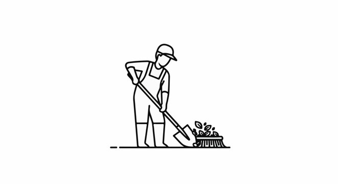 Gardener wearing overalls and cap, raking leaves into a pile