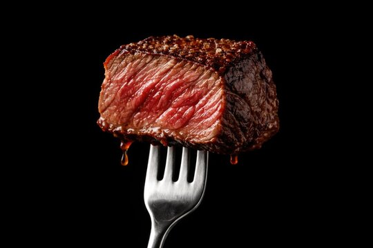Fork holding a juicy red meat chunk in front of a plain black background