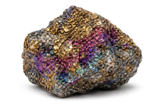 Isolated chalcopyrite ore sample photographed on a plain white backdrop