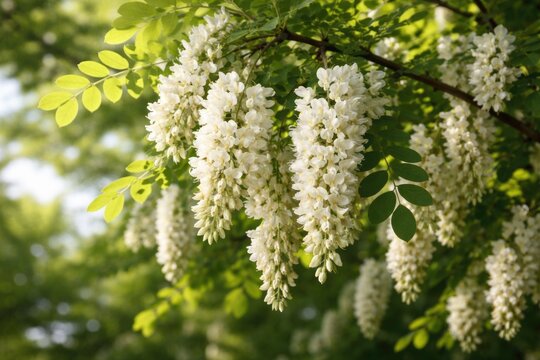 Detailed view of False Acacia tree featuring black locust flowers and fresh leaves