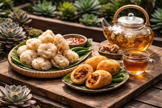 Indulging in Indonesian cireng and combro snacks alongside jasmine tea resting on a wooden board within a sleek succulent garden setting