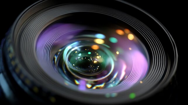 Macro Photography Beautiful bokeh and reflections on a camera lens with dark background.