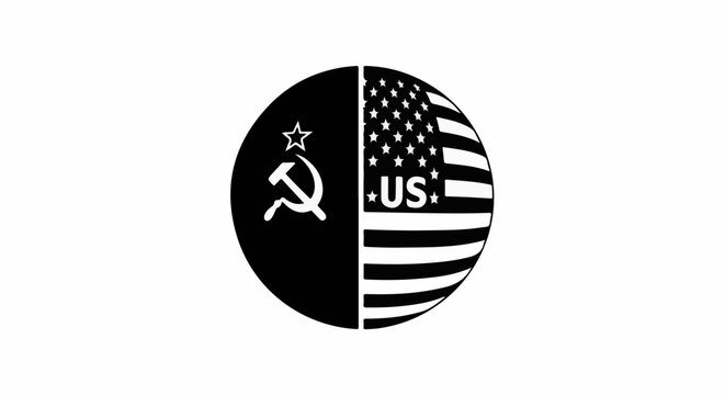Divided circle with hammer and sickle on left, stars and stripes on right