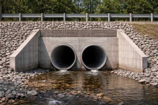 Engineered horizontal concrete headwall for pipe drainage beneath road culvert