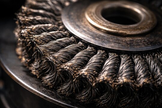 Intricate texture of wire brush wheel bristles captured in a macro grinding tool shot