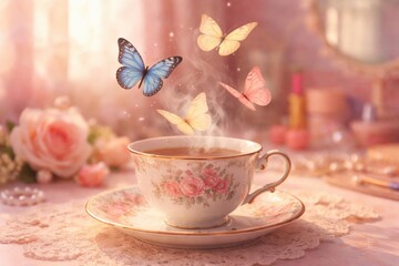Fototapeta premium Delicate butterflies hovering above a vintage tea cup in a nostalgic 80s and 90s pastel pink setting