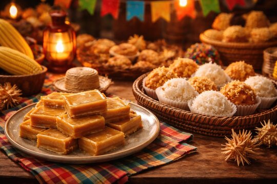 Authentic Festa Junina celebration table showcasing doce de leite and cocada treats