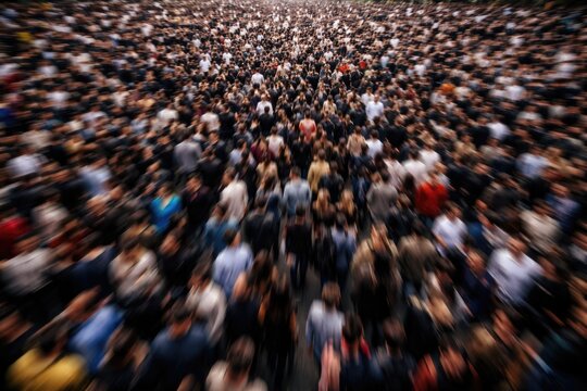 Expansive panoramic shot featuring blurred motion of a dense crowd in action