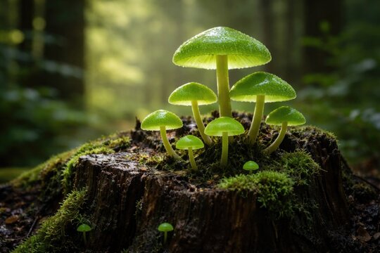 Bright green mushrooms emerging on moist tree stump in natural woods