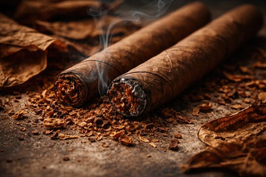 Intimate close up of smoking cigarillos showing textured tobacco and loose leaves on a weathered backdrop