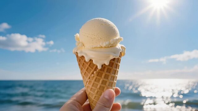 Close-up of vanilla ice cream in a waffle cone held by a person at a sunny beach with blue sea and sky. Melting texture highlights heat, summer mood, and refreshing food concept.