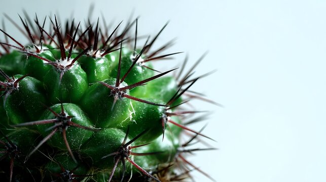 Macro shot of a vibrant green cactus with sharp spines on a clean white background.