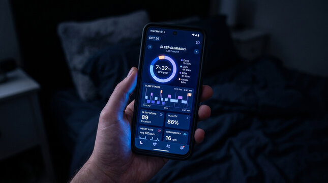 Smart sleep Analysis: The image shows a close-up of a hand holding a smartphone displaying an app interface that analyzes sleep patterns. The interface presents sleep data, including statistics.