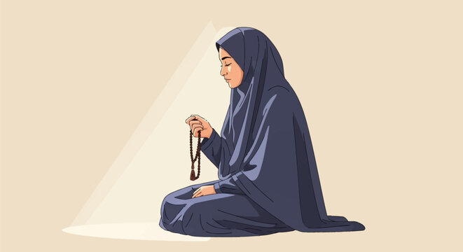Vector illustration of a Muslim woman wearing a navy blue abaya and hijab sitting in prayer, holding tasbih beads while illuminated by a light beam on a neutral background.