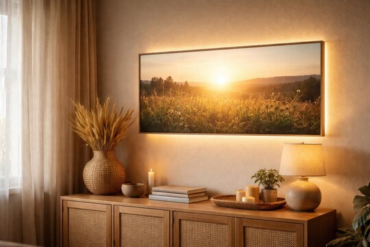 Bright and cozy room displaying illuminated horizontal poster over wooden sideboard with wicker vase of corn ears and beige window curtains