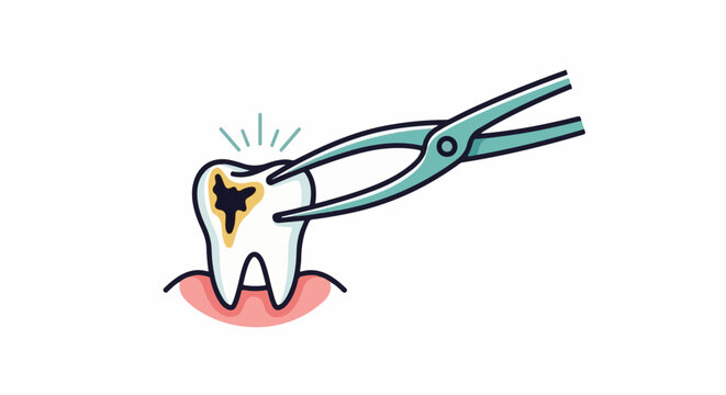 Cartoon tooth with cavities being pulled by dental forceps