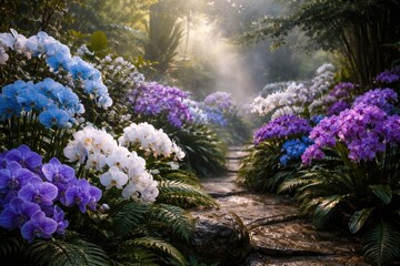 Obraz premium Lush garden with thriving orchids in blue, white, and purple hues