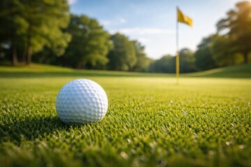 Obraz premium Focused golf ball on manicured grass with distant flag in summer light