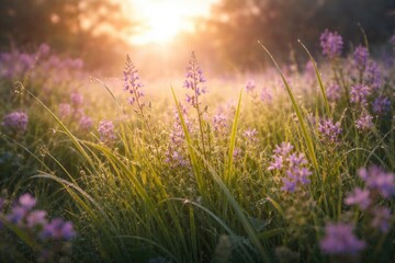 Obraz premium Fresh wild grass growing full and healthy in spring sunrise with subtle purple blossoms and soft floral background