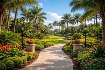 Fototapeta premium Country club trail leading to an open park area rich with palm trees and tropical plants against a sunny blue sky