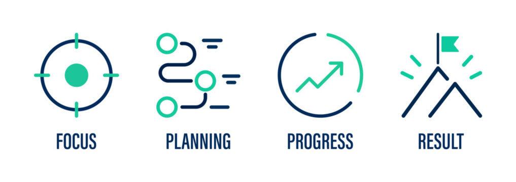 Business Process Workflow Icons Set Focus Planning Progress Result Line And Flat Vector Illustration