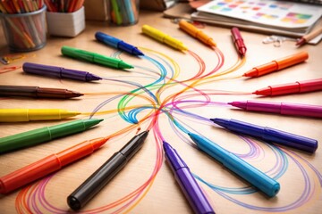 Fototapeta premium Collection of vibrant felt tip pens linked by dynamic curved line patterns on desk